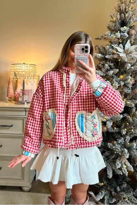 Plaid Pink Heart Pocket Jacket-ROVOLE