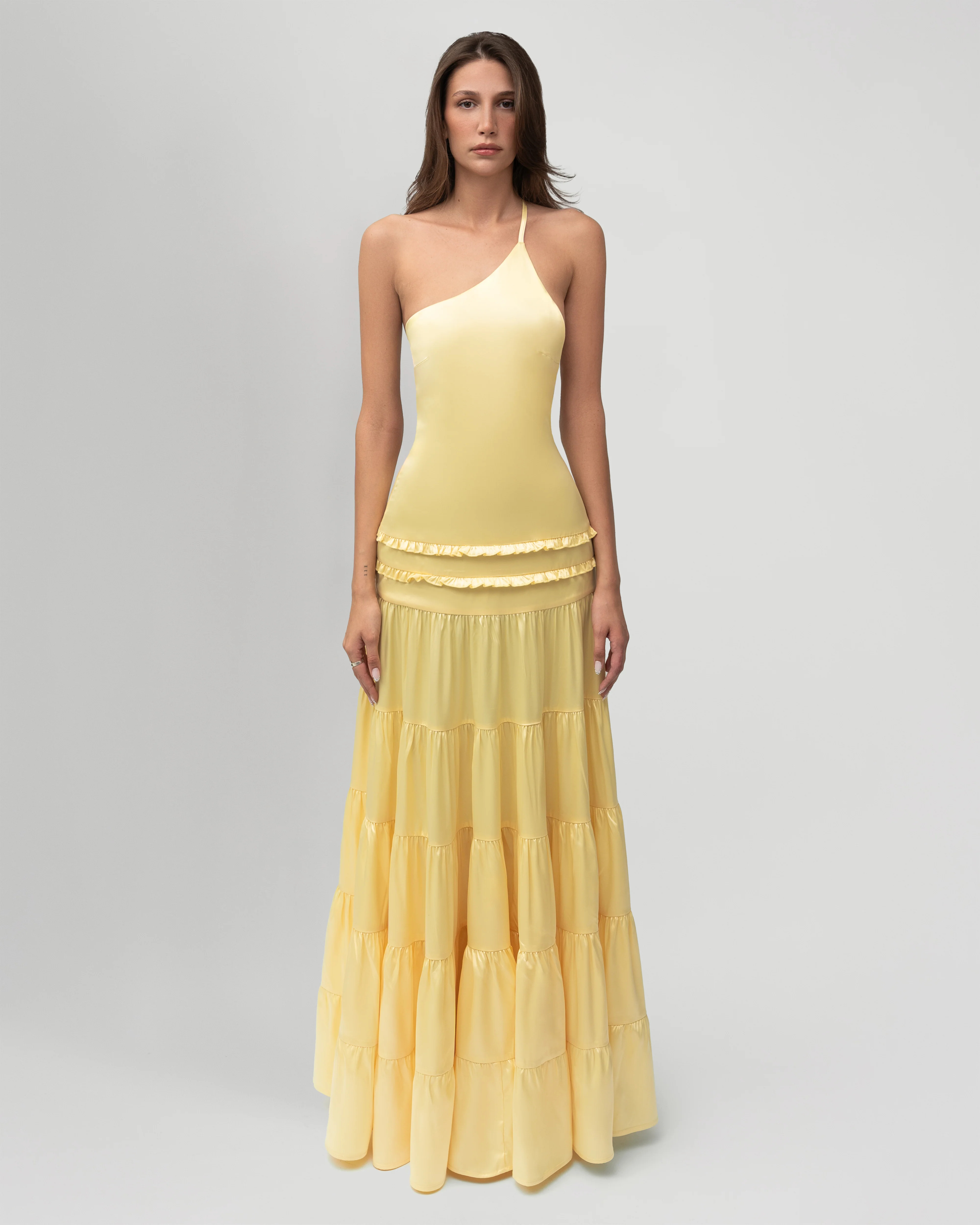 Yellow flowing one-shoulder maxi dress