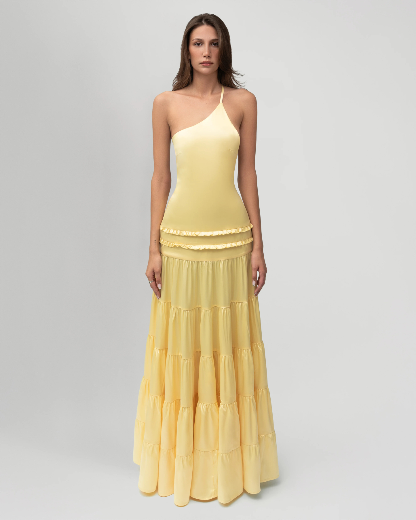Yellow flowing one-shoulder maxi dress