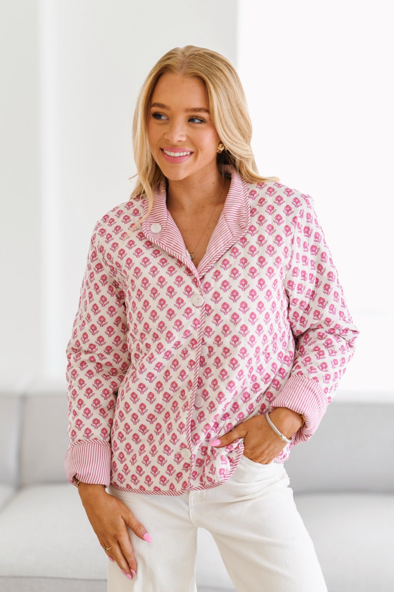 Lola Printed Quilted Jacket-Baby Pink-ROVOLE