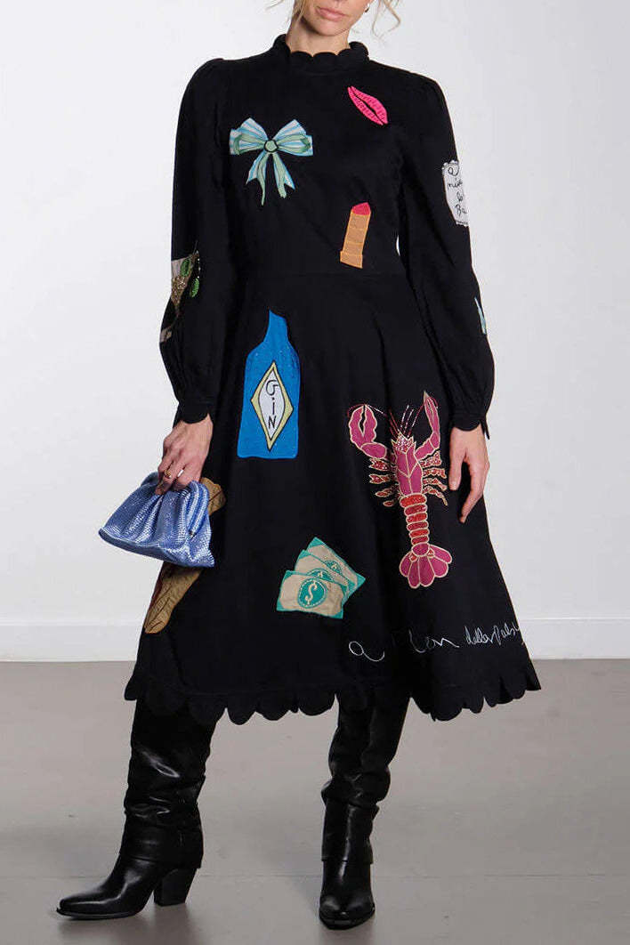 Lobster Graffiti Scallop Trim Midi Dress-ROVOLE