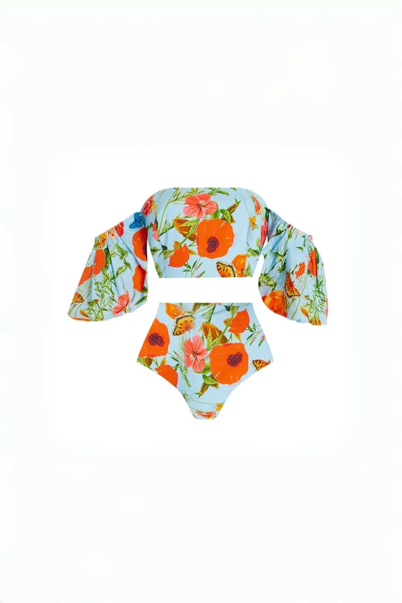 Floral Puff Sleeve High-Waist Bikini Set-ROVOLE