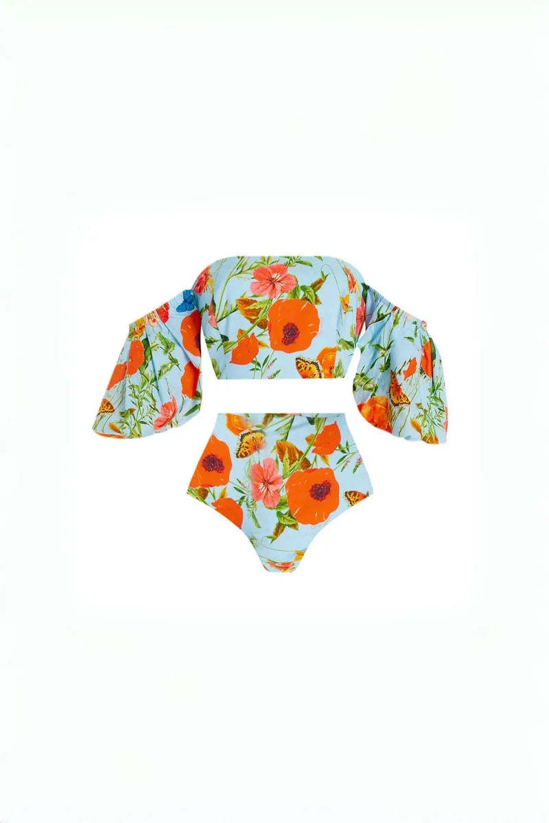 Floral Puff Sleeve High-Waist Bikini Set-ROVOLE