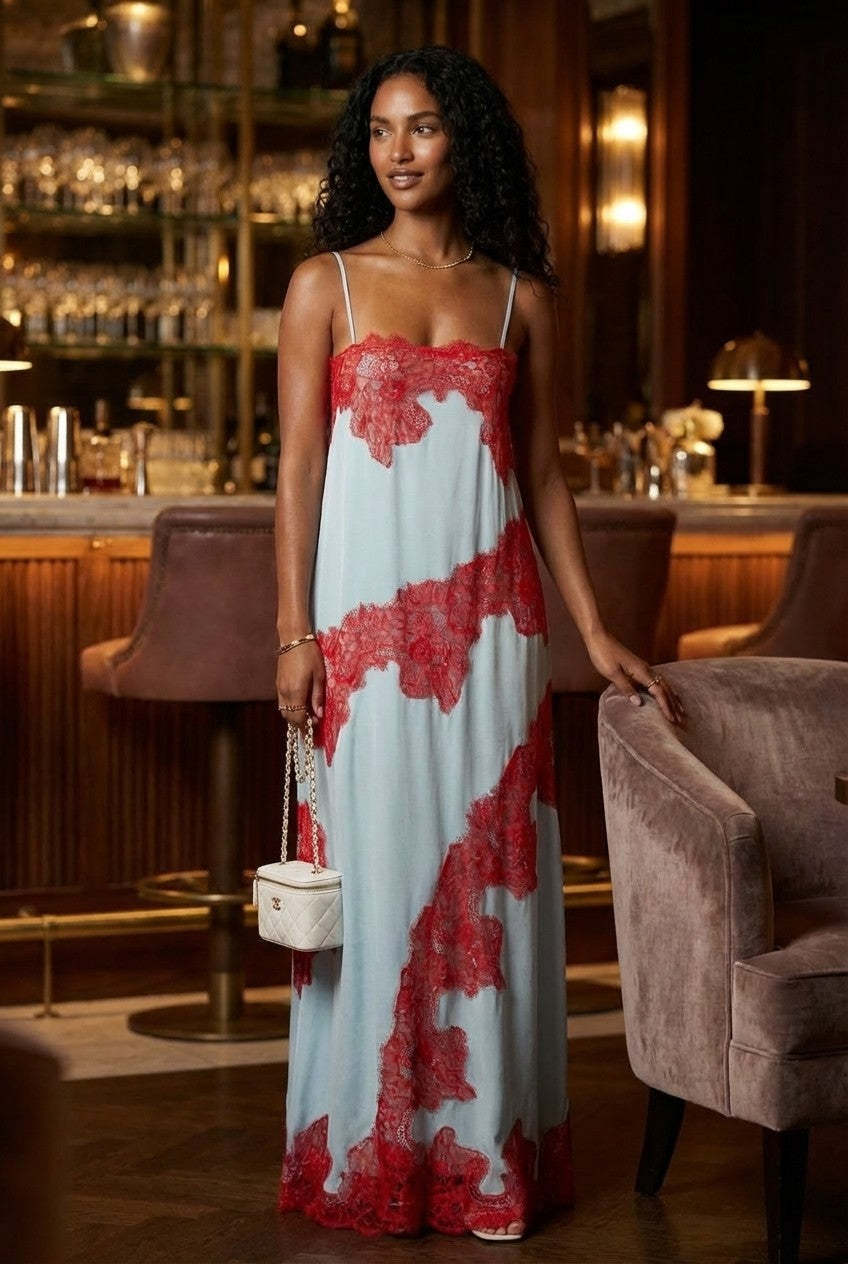 Celestine Lace‑Trim Satin Slip Maxi Dress