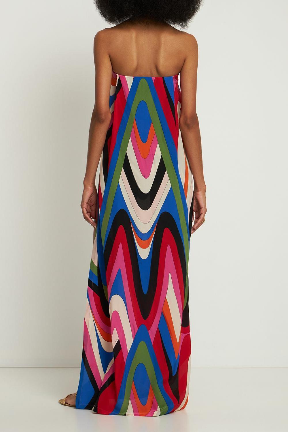 Strapless Side Slit Moiré Print Maxi Dress-ROVOLE