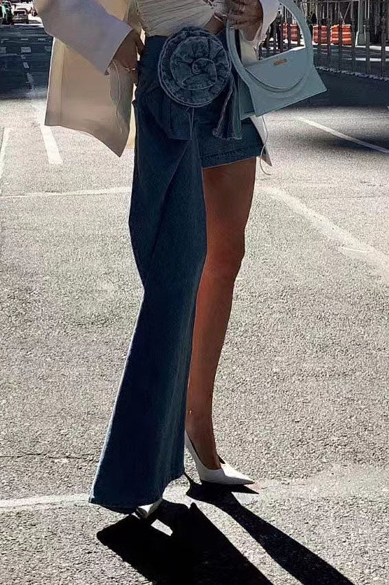 Denim Mini Skirt With 3D Roses-ROVOLE