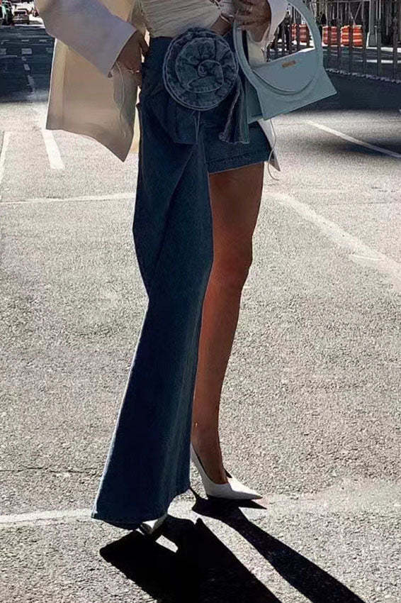 Denim Mini Skirt With 3D Roses-ROVOLE