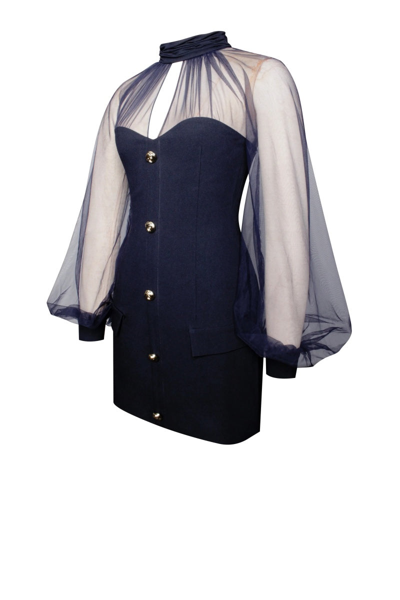Tabitha Navy Blue Mesh Lantern Sleeve Mini Dress-ROVOLE