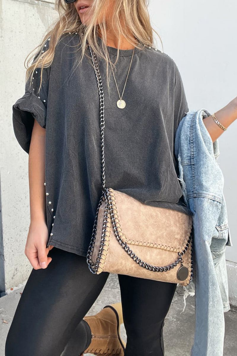 Roll Up Sleeve Studded Oversized Tee-ROVOLE