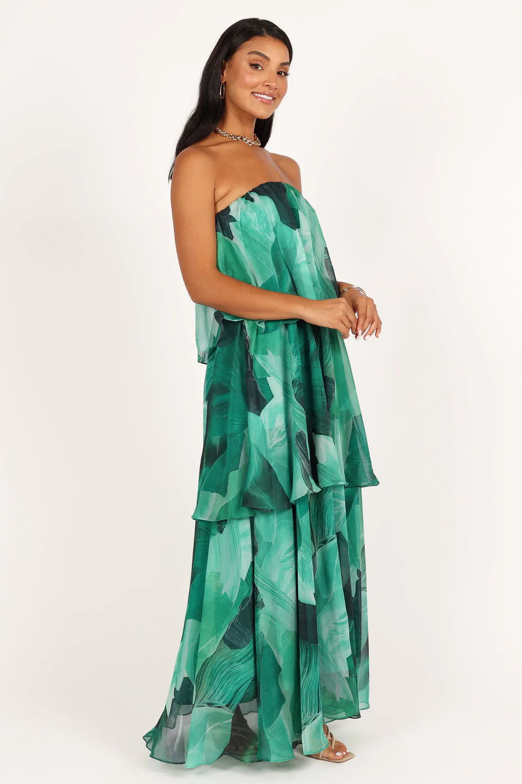 Calista Green Bloom Strapless Tiered Maxi Dress-ROVOLE