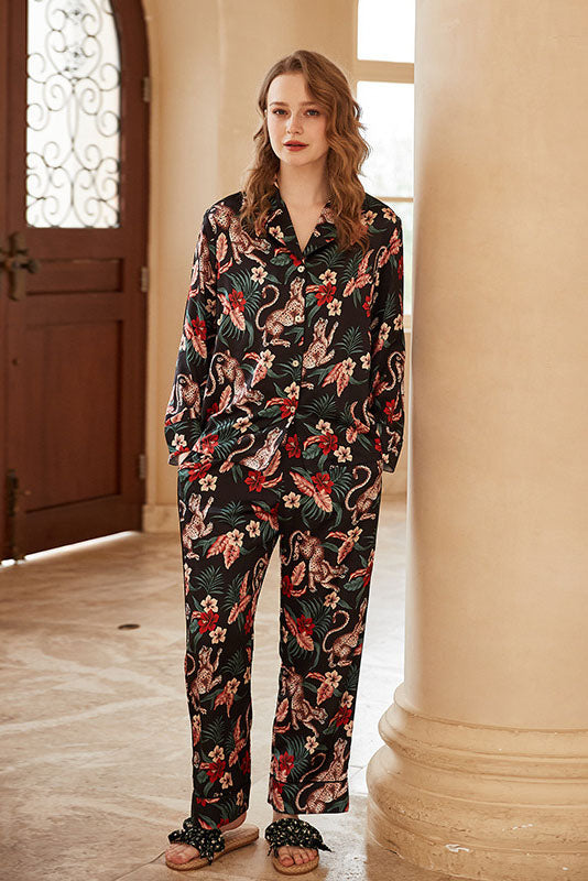 Jaguar and Floral Print Long-Sleeve Loungewear Set-ROVOLE