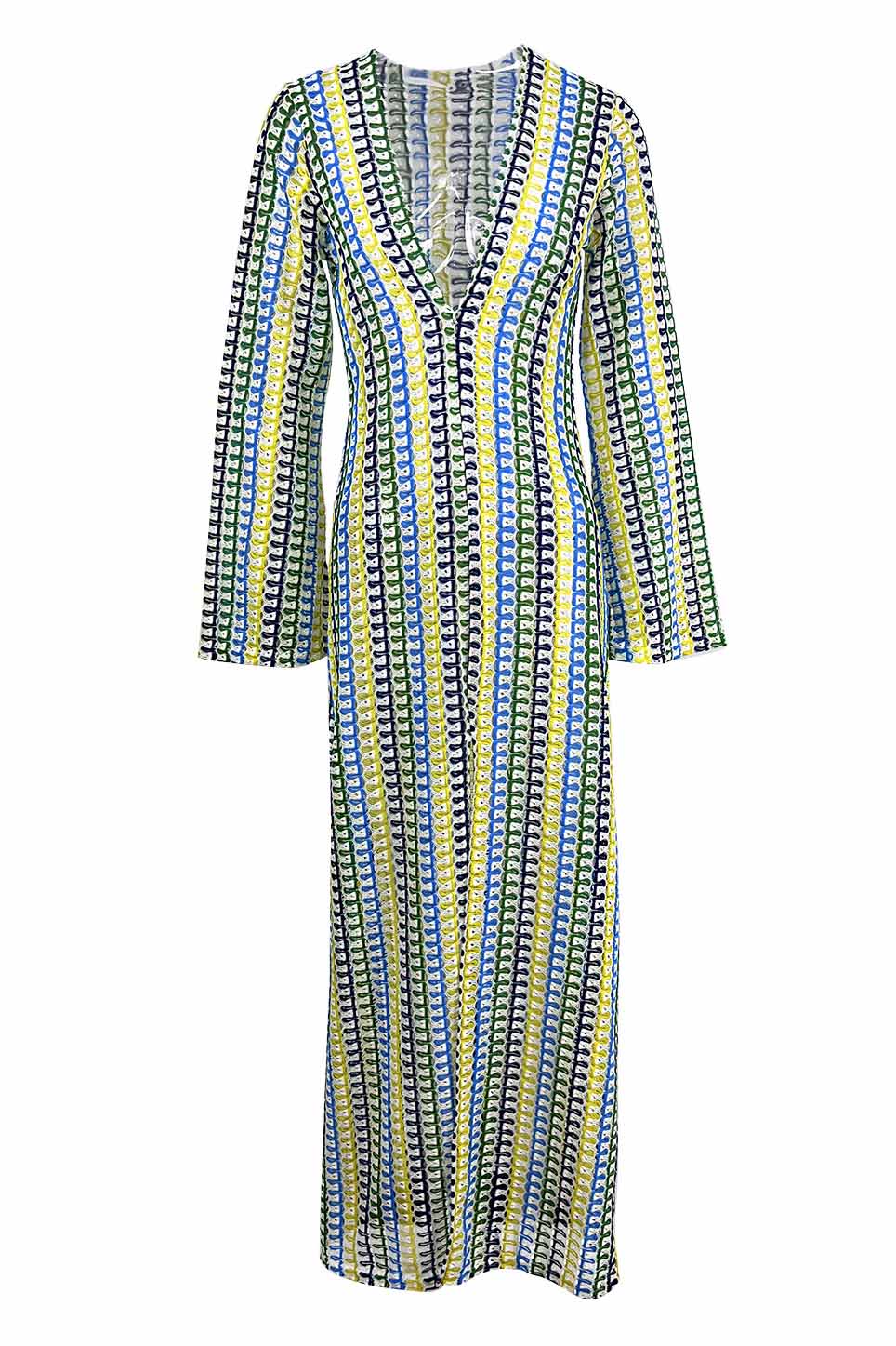 Boho V Neck Bell Sleeve Wavy Striped Crochet Beach Vacation Maxi Dress-ROVOLE