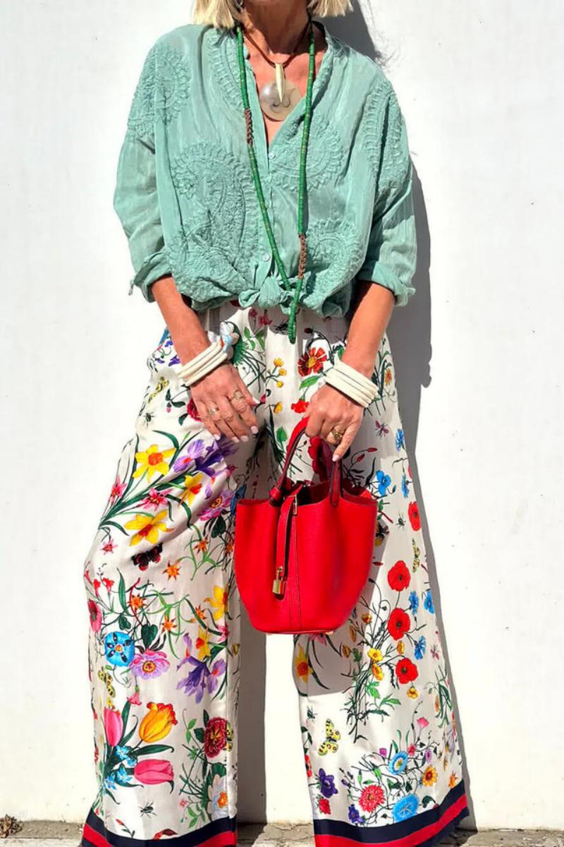 Floral Unique Print Elastic Waist Pocketed Wide Leg Pants-Set-ROVOLE
