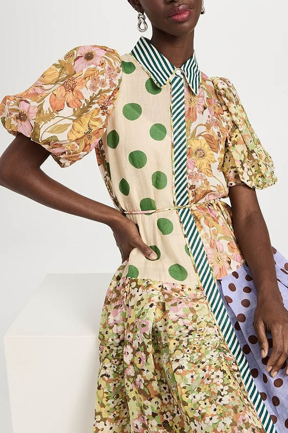 Green Muse Spliced Print Dress-ROVOLE