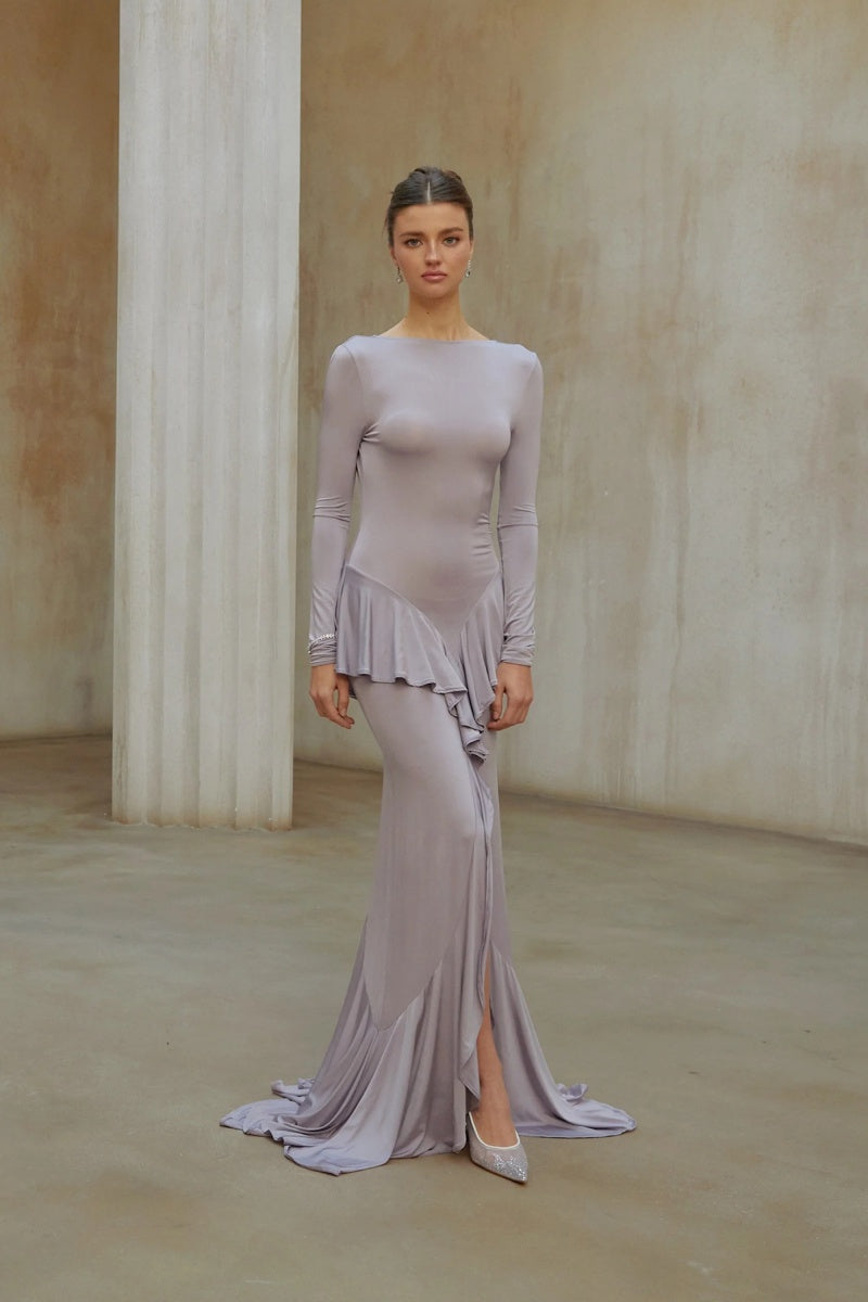 Xenia Purple Ruffle Detail Maxi Dress-ROVOLE