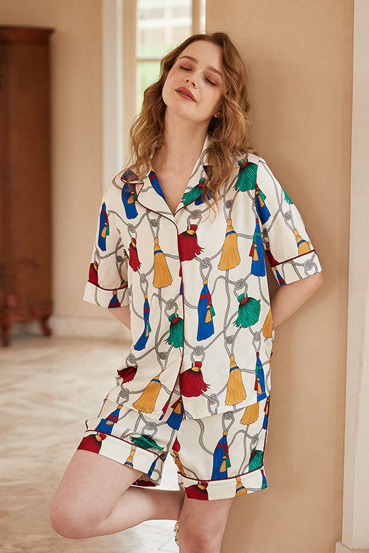 Fringe Pattern Short-Sleeve Loungewear Set-ROVOLE