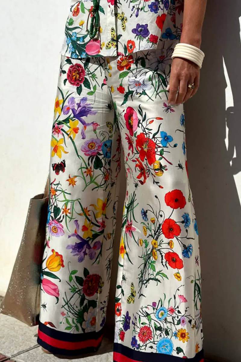Floral Unique Print Elastic Waist Pocketed Wide Leg Pants-Set-ROVOLE