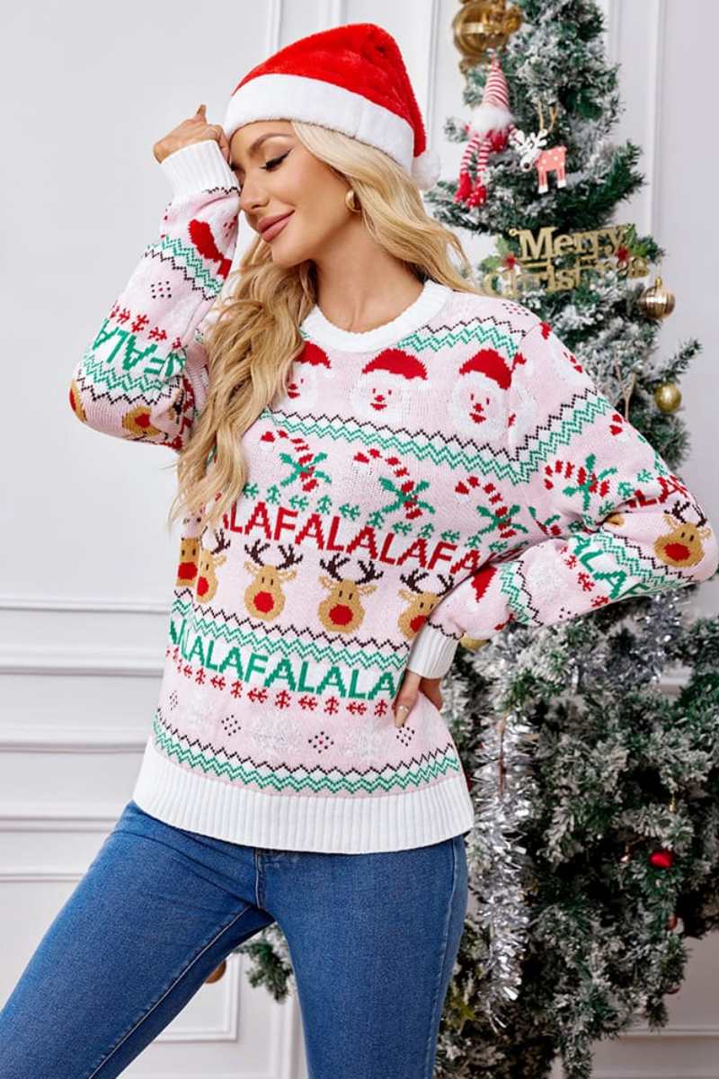 Loose-Fit Round Neck Christmas Cartoon Knit Sweater - Pink-ROVOLE