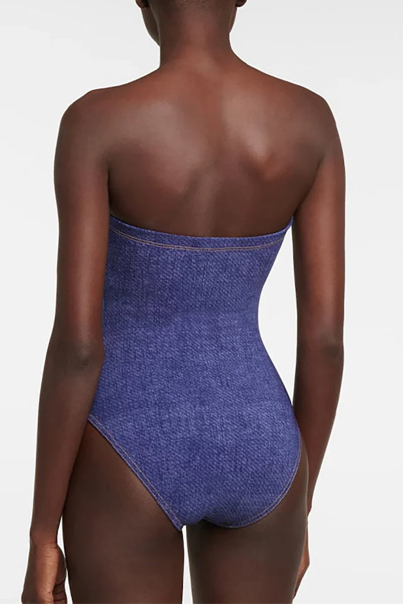 Denim Bandeau One Piece Swimsuit Set-ROVOLE