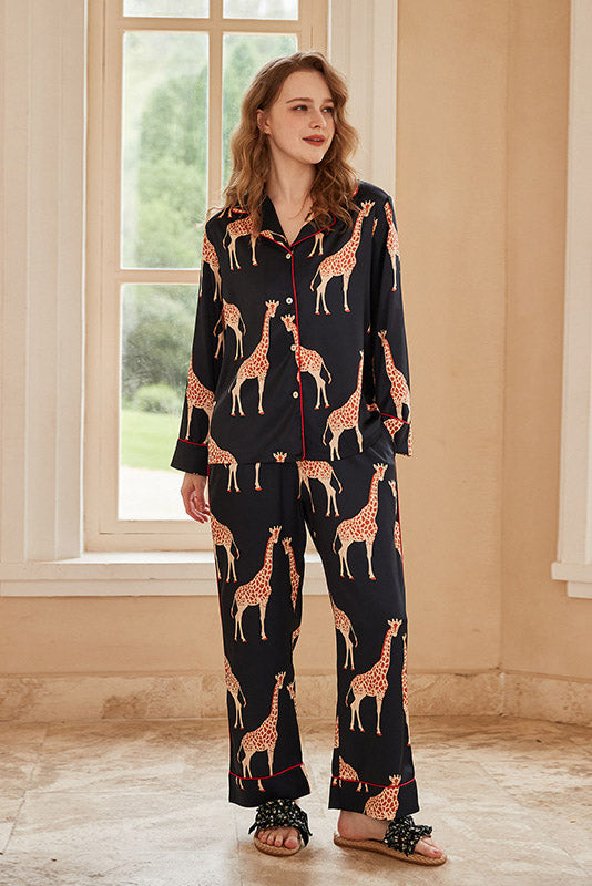 Black Giraffe Print Long-Sleeve Pajama Set-ROVOLE