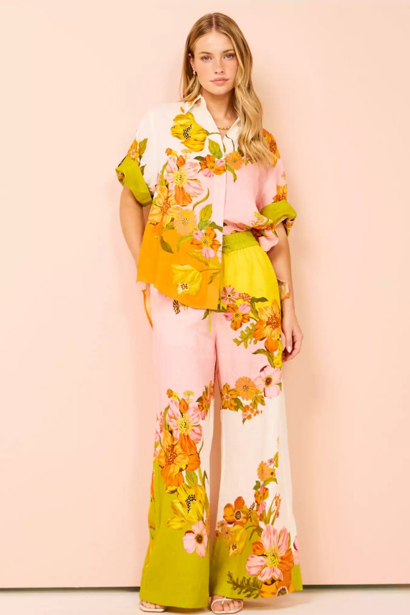 Unique Print Elastic Waist Pocketed Wide Leg Pants-Set-ROVOLE