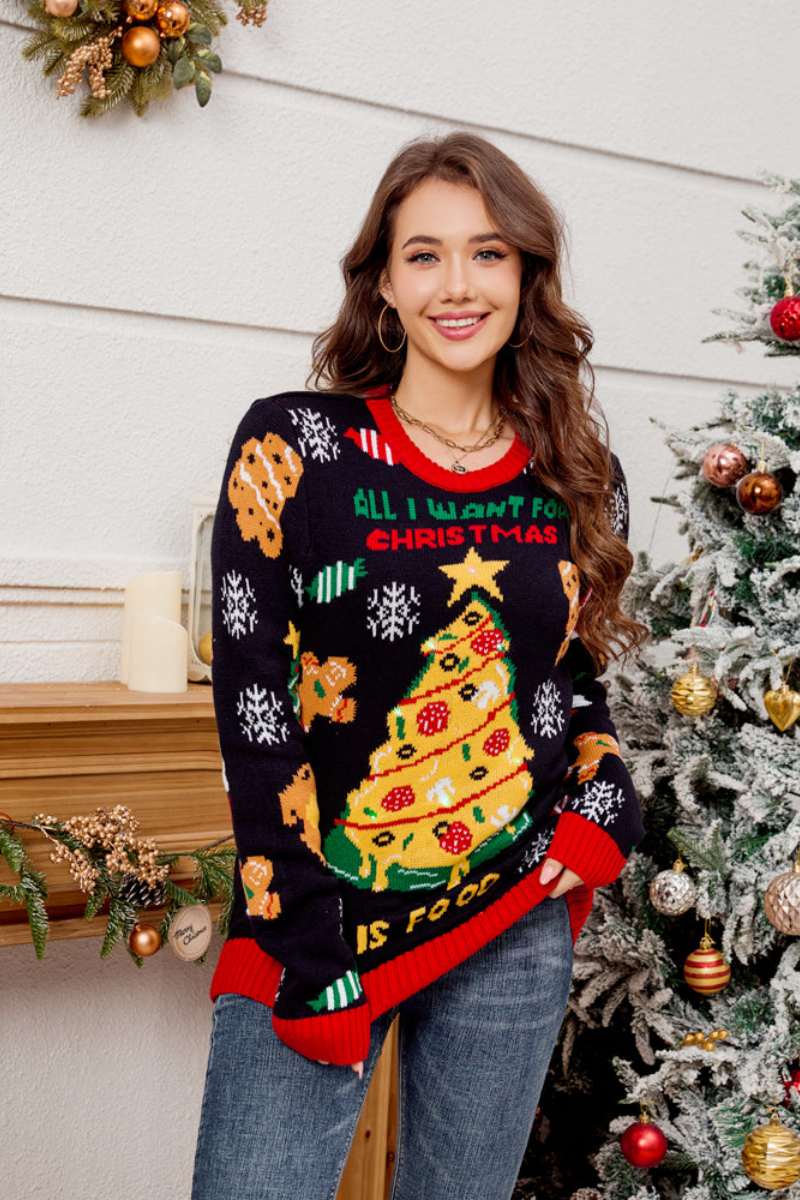 Casual Crewneck Embroidered Christmas Tree Sweater-ROVOLE