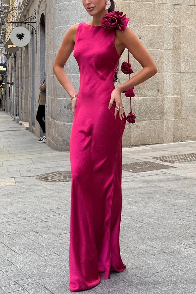 Formentera Flower Satin Ribbon Maxi Dress-ROVOLE