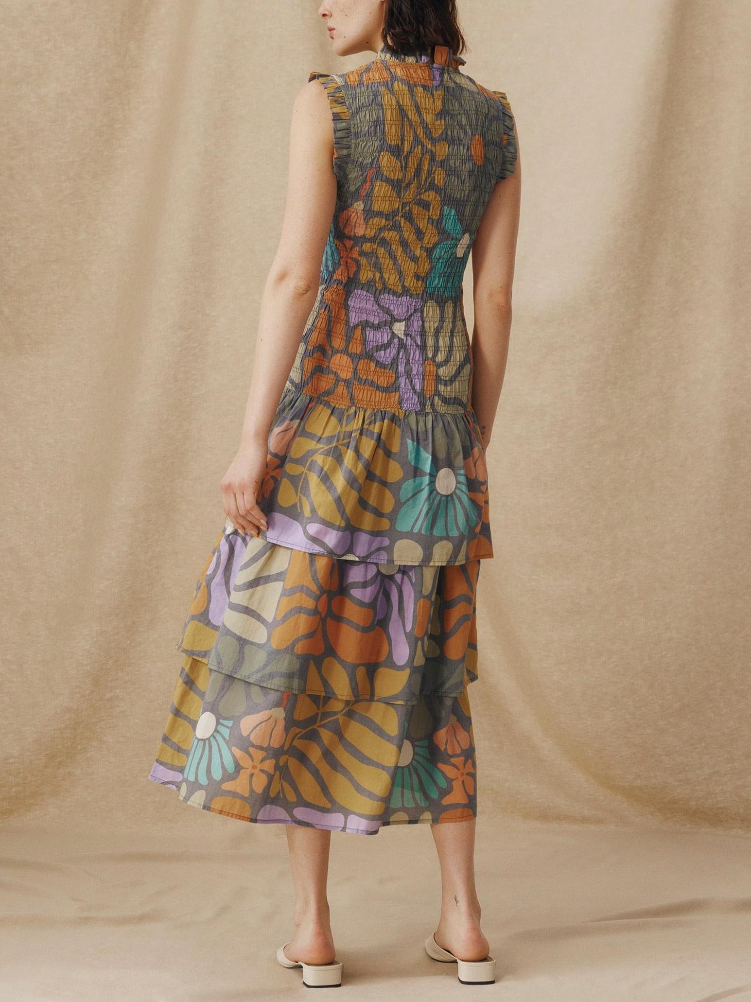 Multicolor Botanical Print Midi Dress-ROVOLE