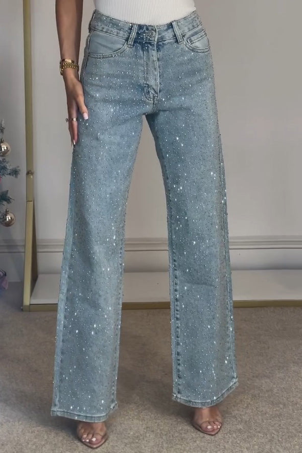 High Waisted Diamanté Straight Leg Jeans-ROVOLE