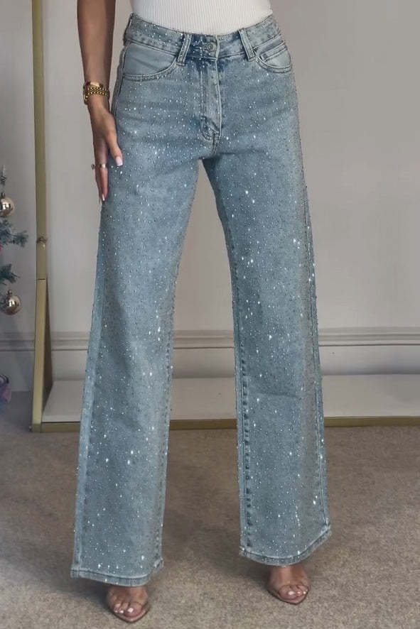 High Waisted Diamanté Straight Leg Jeans-ROVOLE