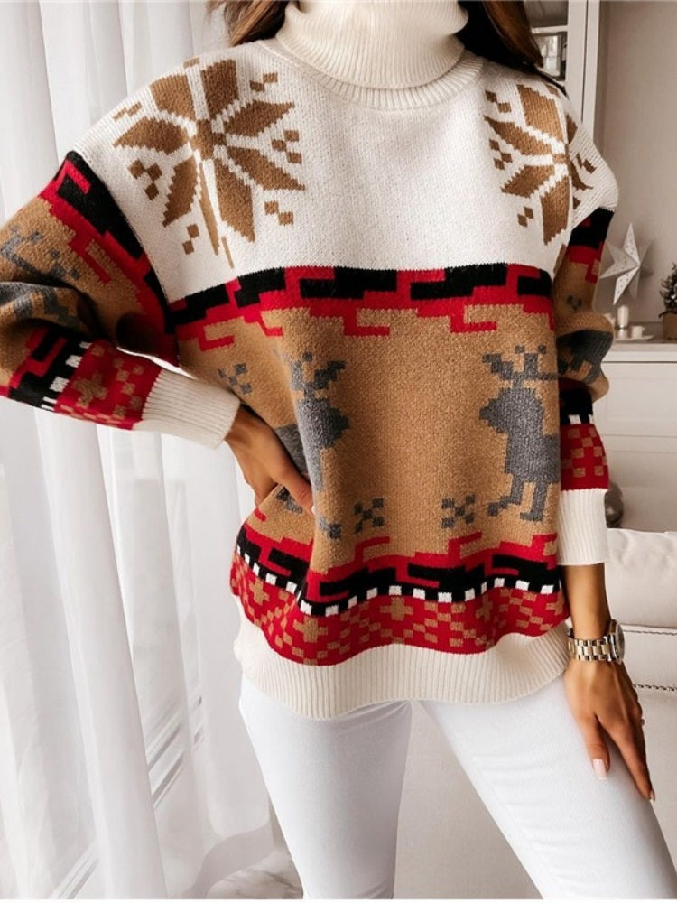 Knit Pullover with Embroidered Reindeer and Snowflake Design-ROVOLE