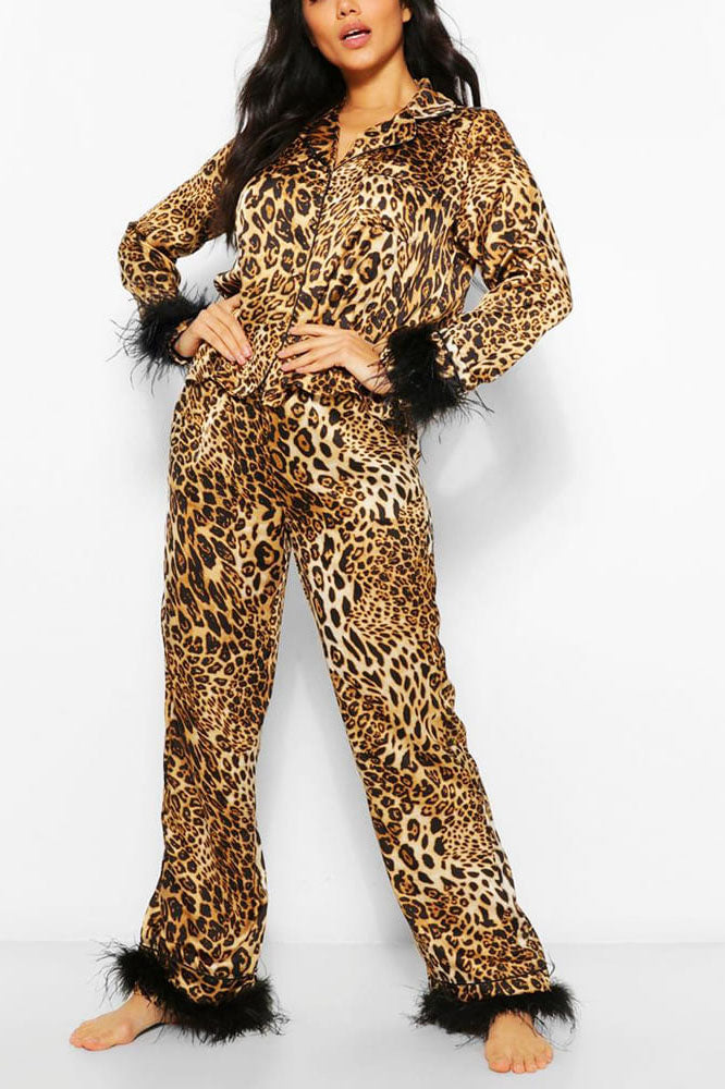 Leopard Print Satin Pajama Set-ROVOLE