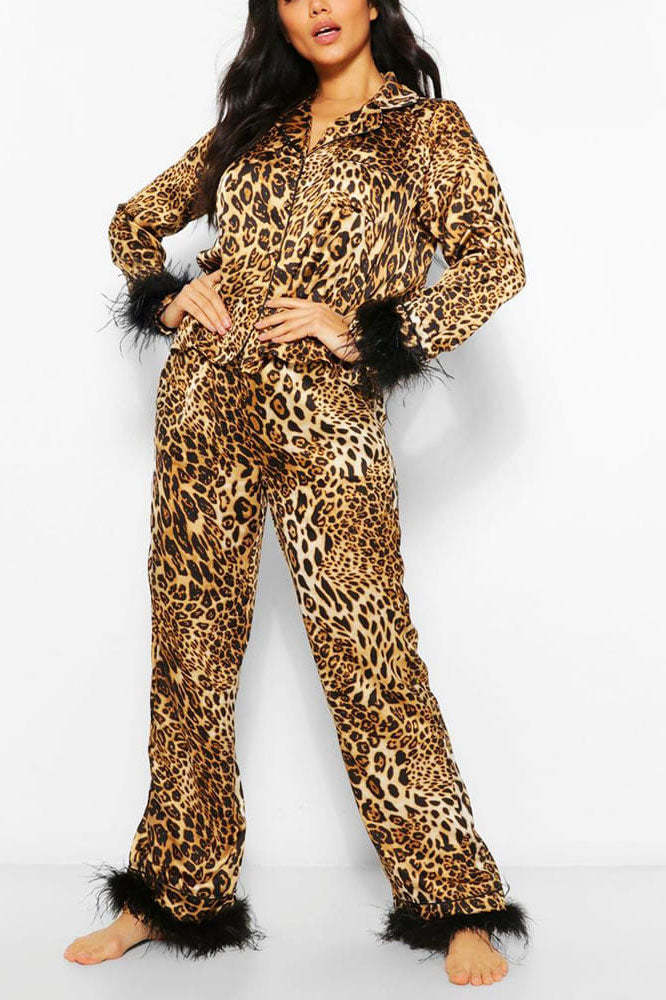 Leopard Print Satin Pajama Set-ROVOLE