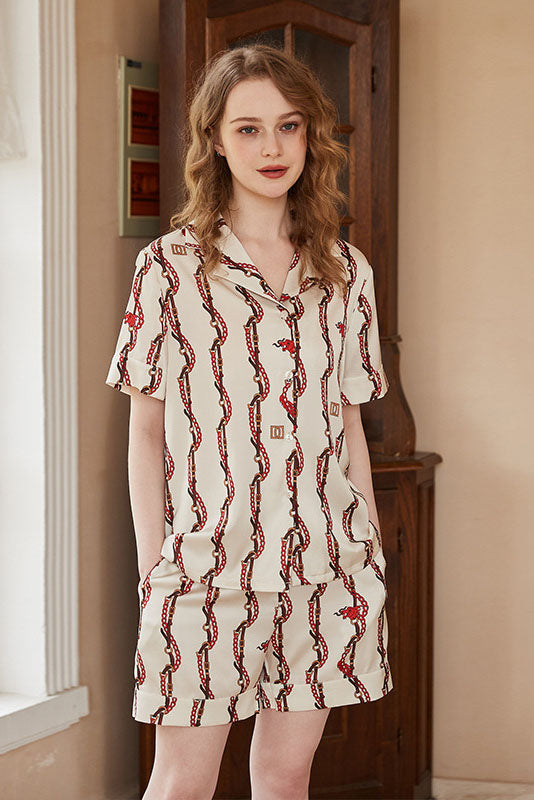 Dragon Head Chain Print Short-Sleeve Loungewear Set-ROVOLE