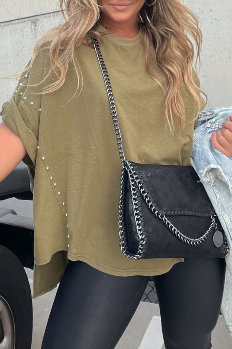 Roll Up Sleeve Studded Oversized Tee-ROVOLE