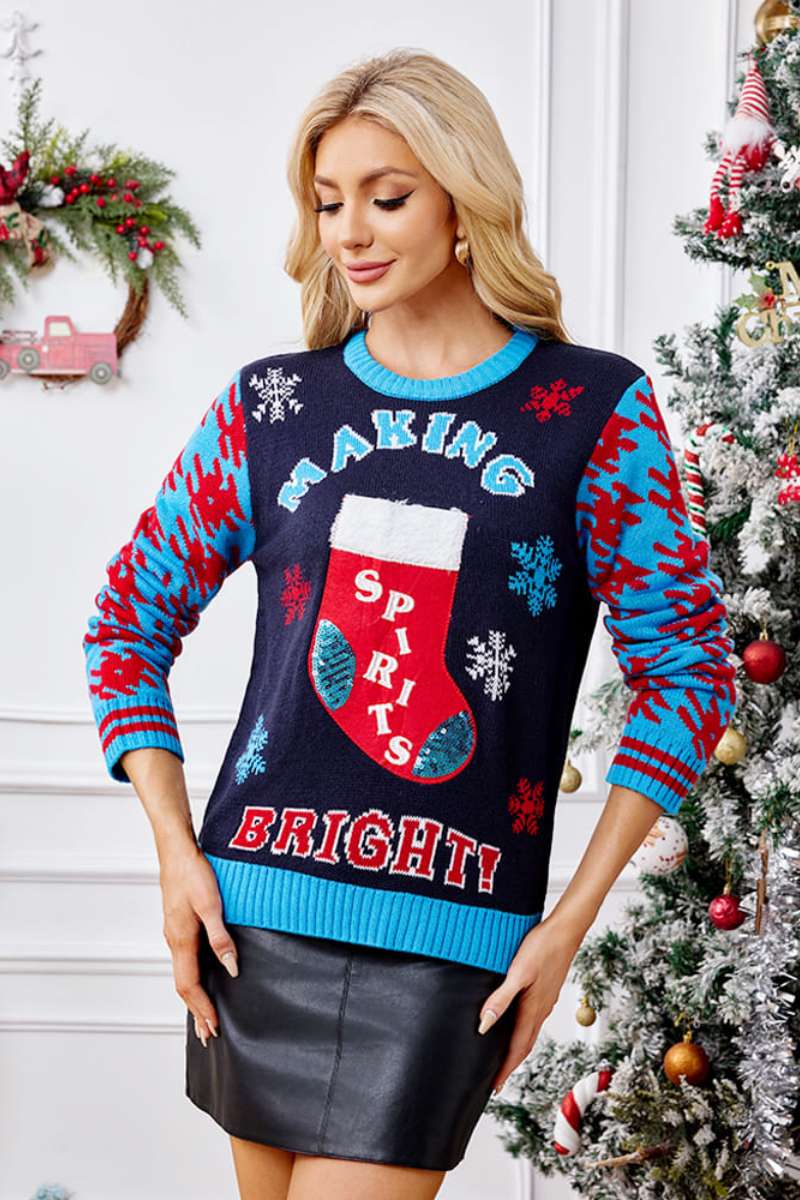 Casual Christmas Socks Embroidery Knit Sweater-ROVOLE