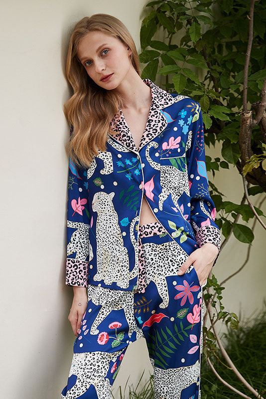 Blue Snow Leopard Print Pajama Set-ROVOLE