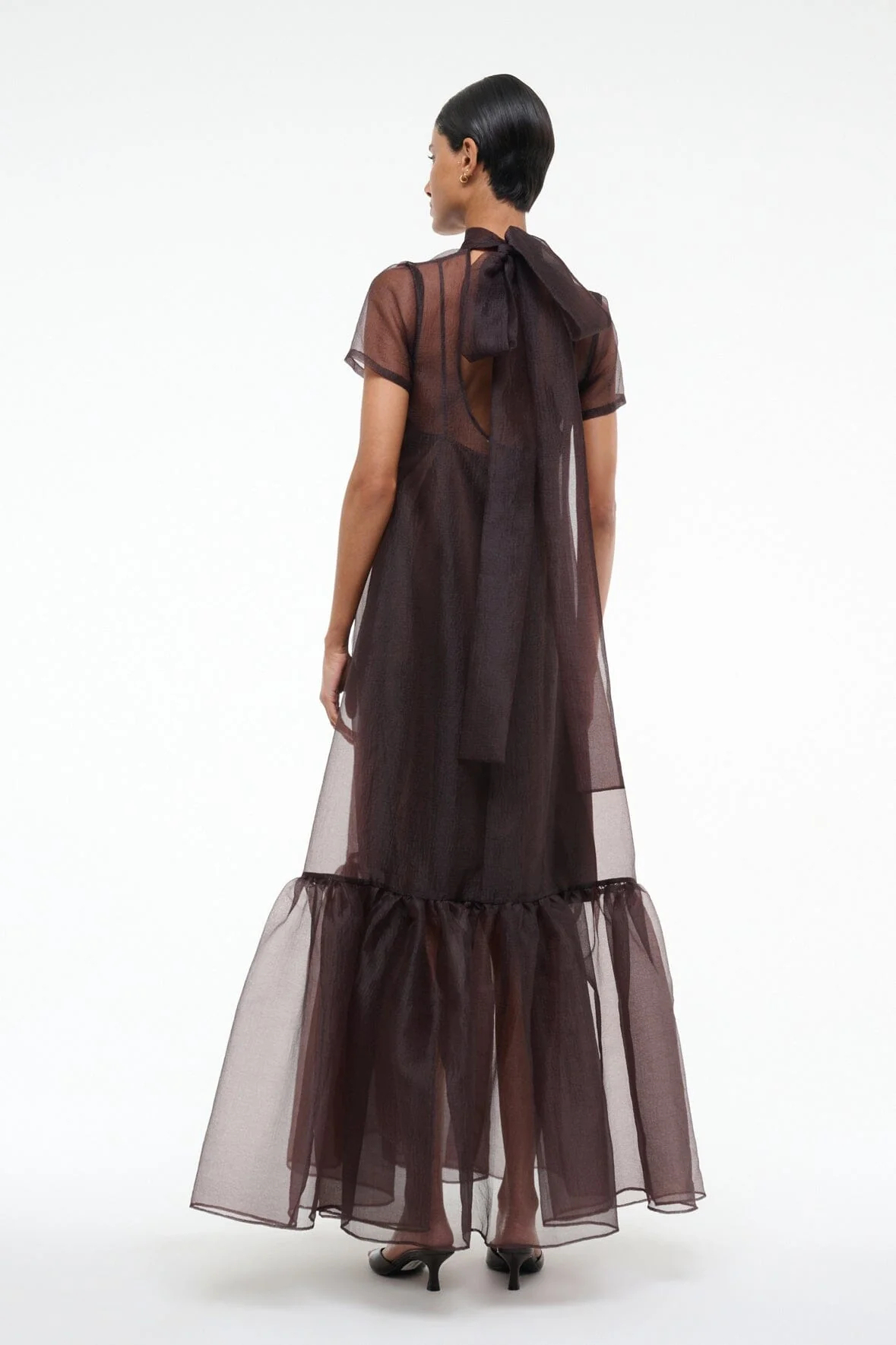 Sheer Turtleneck Bow-Back Tiered Maxi Dress