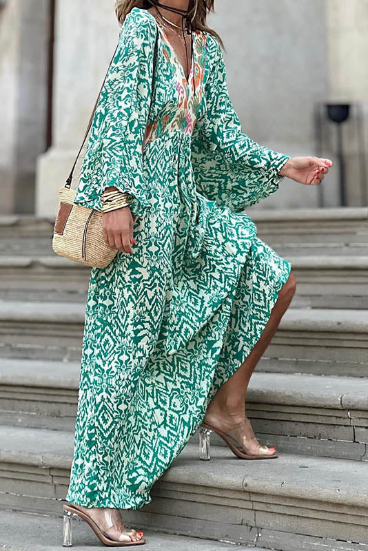 Summer V-Neck Floral Midi Dress-ROVOLE