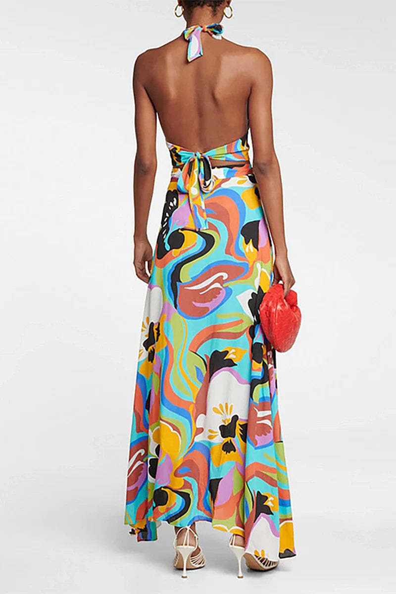 Deep V Halter Neck Print Sexy Swimsuit Set-ROVOLE