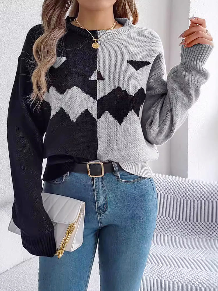 Ghost Pattern Long Sleeve Crew Neck Sweater-ROVOLE