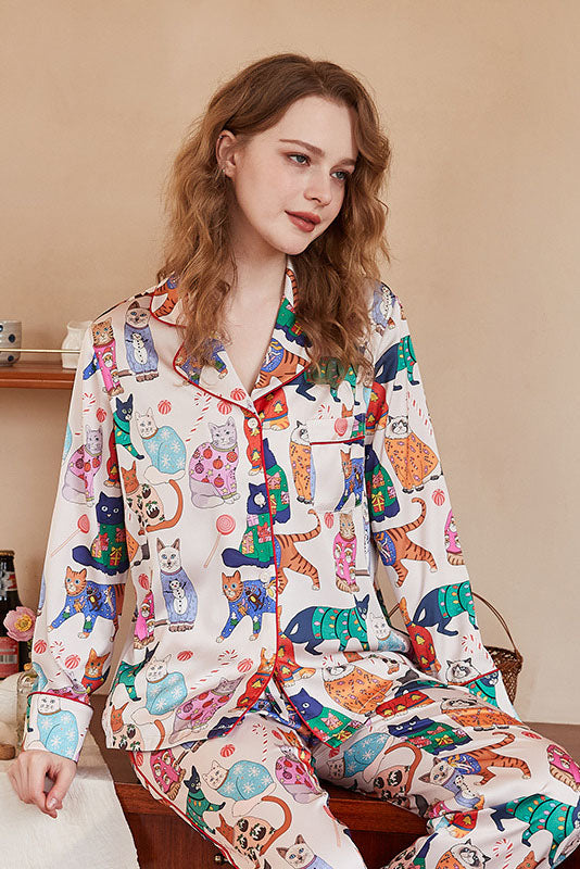 Cute Cat Print Ice Silk Long-Sleeve Pajama Set-ROVOLE