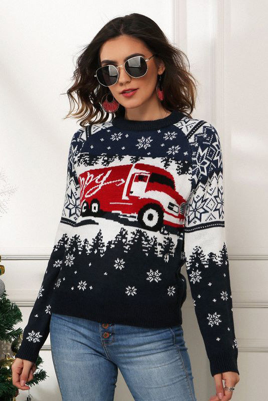 Snowflake and Truck Print Christmas Sweater-ROVOLE