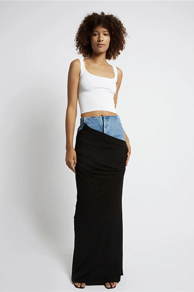 Black Ruched Denim Skirt-ROVOLE