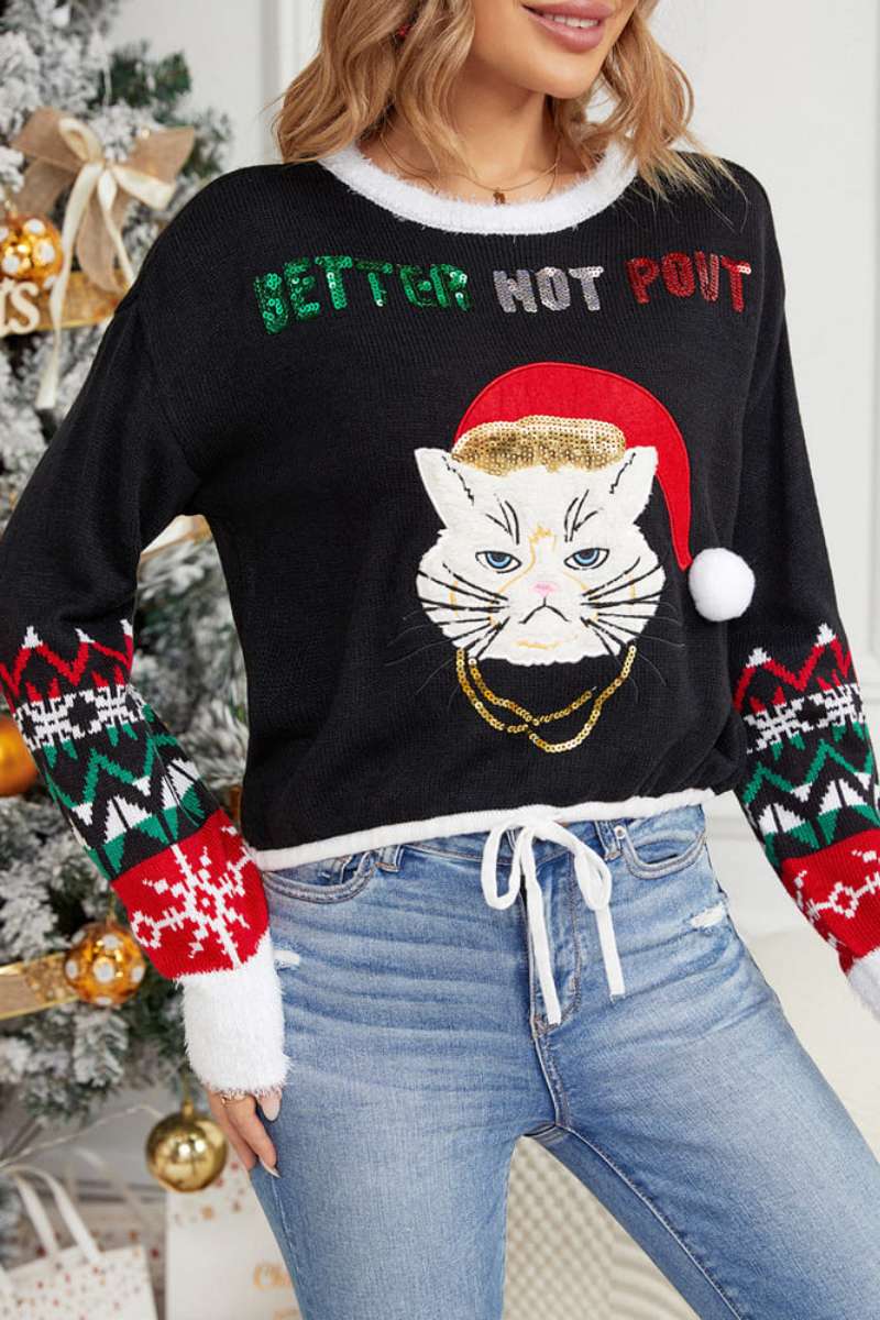 Casual Round Neck Cat Embroidery Sequin Sweater-ROVOLE