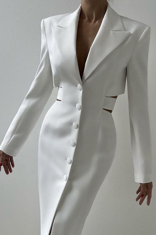 Statement Deep V Metal-Detail Blazer Midi Dress-ROVOLE