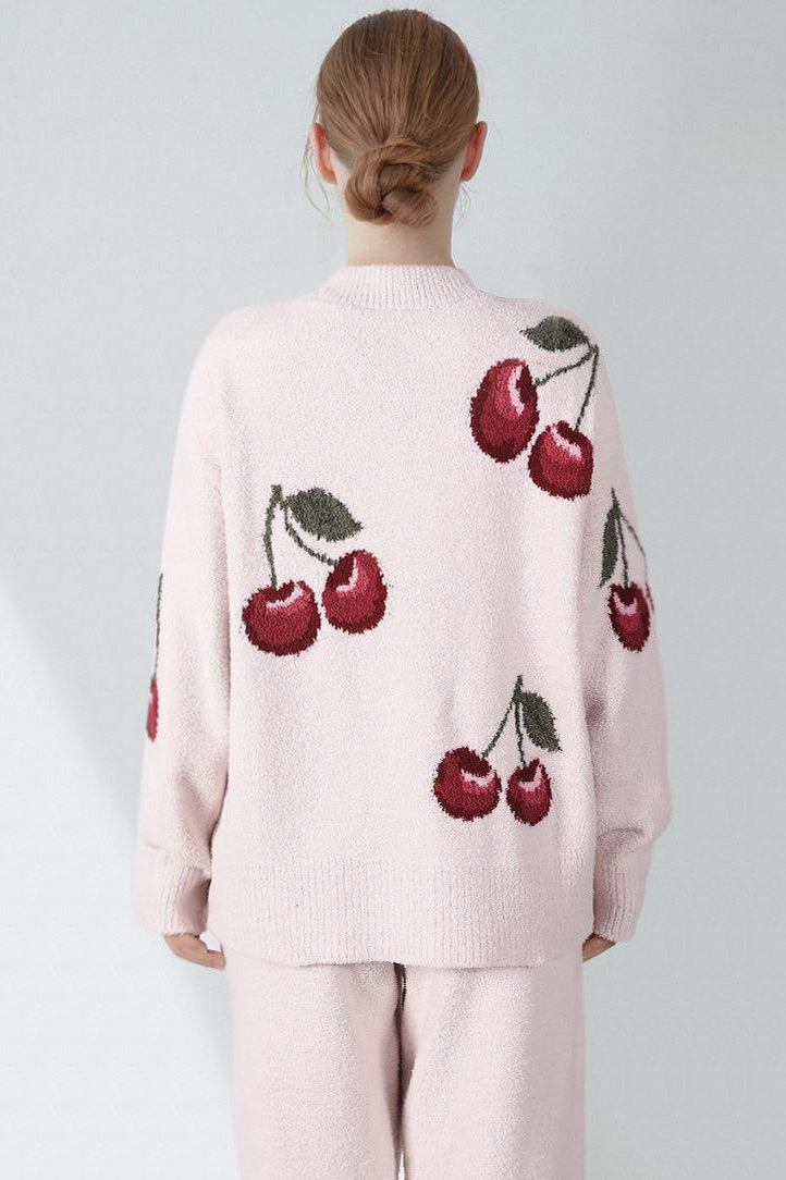Soft Half Velvet Cherry Cardigan Pajama Set-ROVOLE
