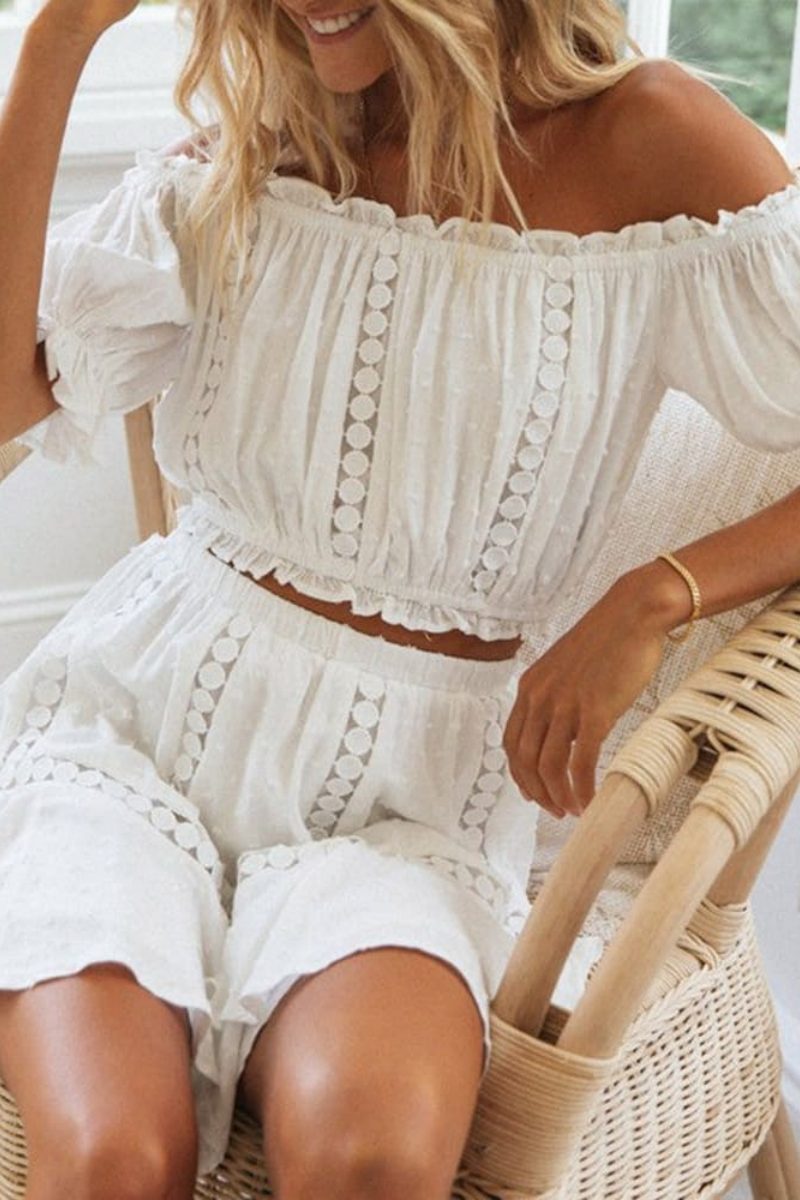 White Lace Crop Top and Skirt Matching Sets-ROVOLE