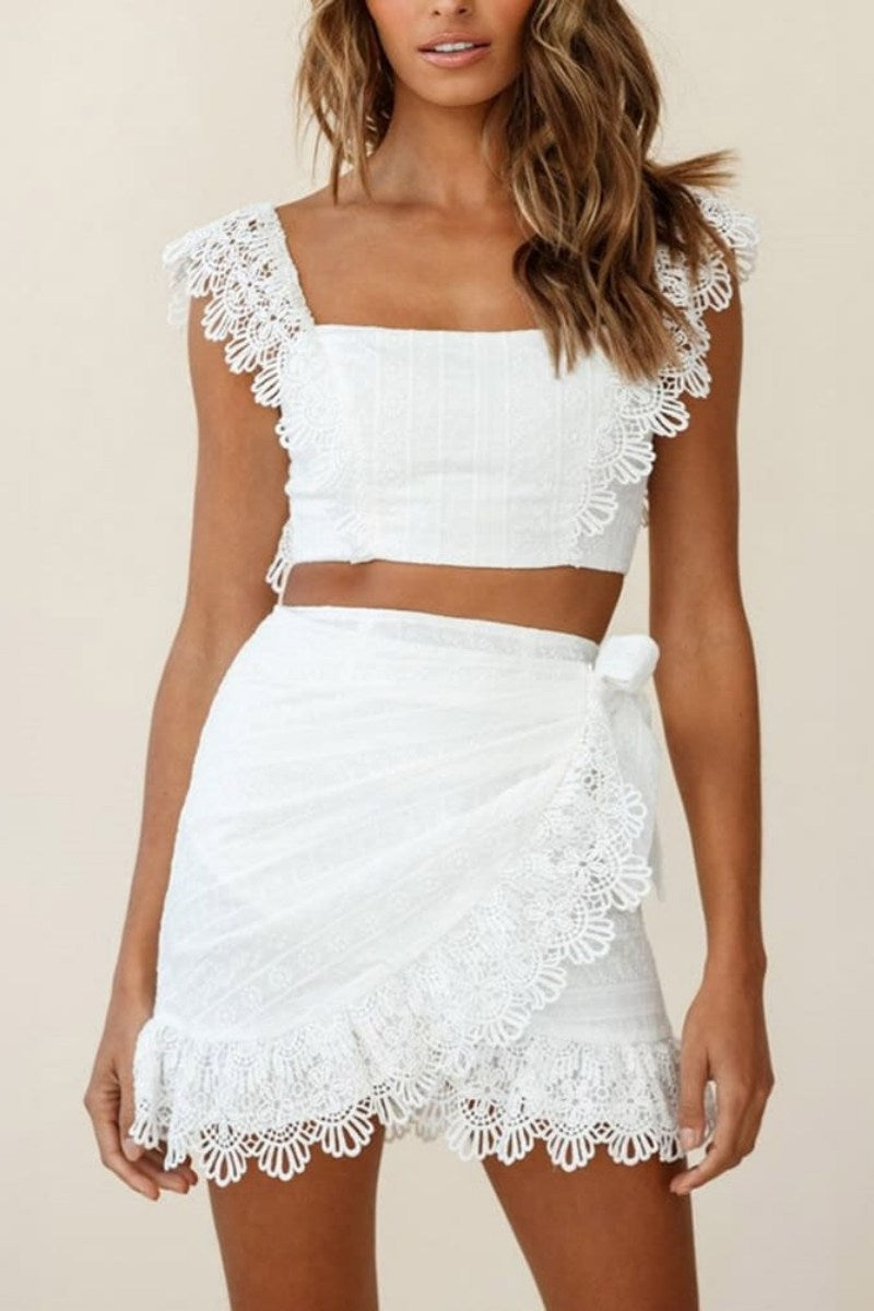 White Sonnet Lace Crop Top and Skirt Set-ROVOLE