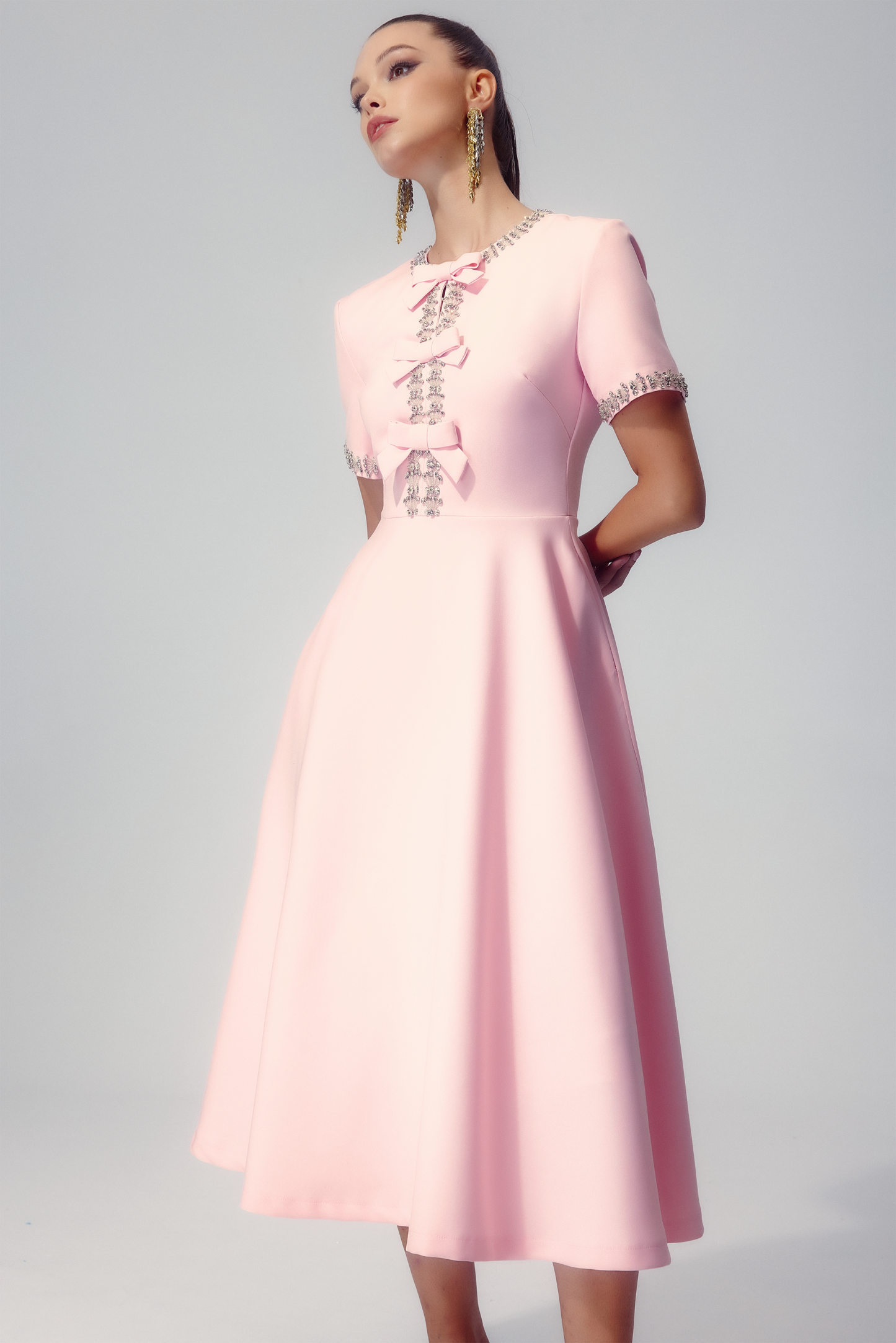 Zoe Bowknot Crystal-embellished Midi Dress-ROVOLE